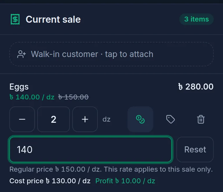Current sale on a computer: the special rate box open on the Eggs line, the Reset button beside it, and the cost price and profit below