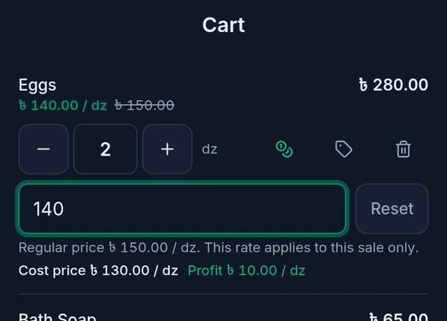 The cart on a phone: the Eggs line at a special rate of 140 taka with the regular 150 struck through, and the cost price 130 and profit 10 below