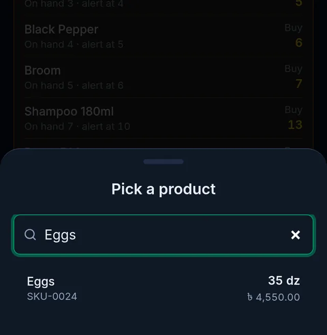 Pick a product on a phone: Eggs typed in the search box and the Eggs product