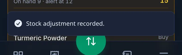 The stock adjustment saved message