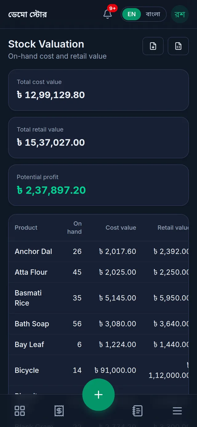 Stock Valuation: total cost value, total retail value, the potential profit in green, and a table of products with on-hand quantity, cost value and retail value