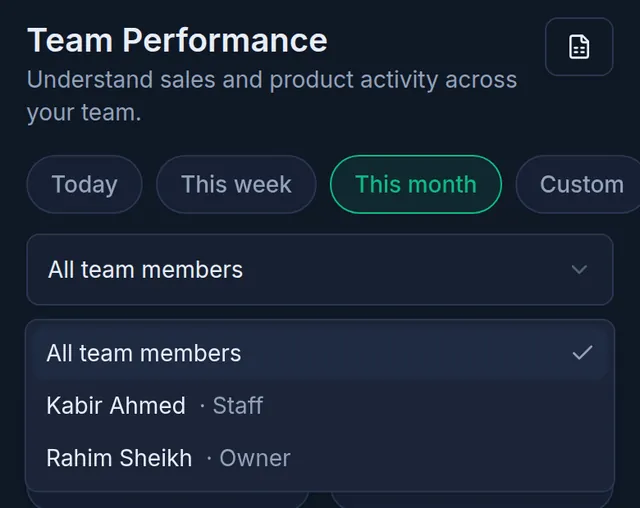 The team member list open on a phone: All team members, Kabir Ahmed, Staff, and Rahim Sheikh, Owner