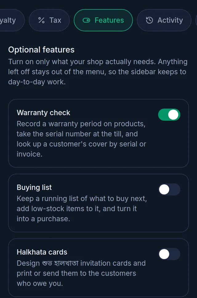 Optional features: Warranty check turned on, Buying list and Halkhata cards off