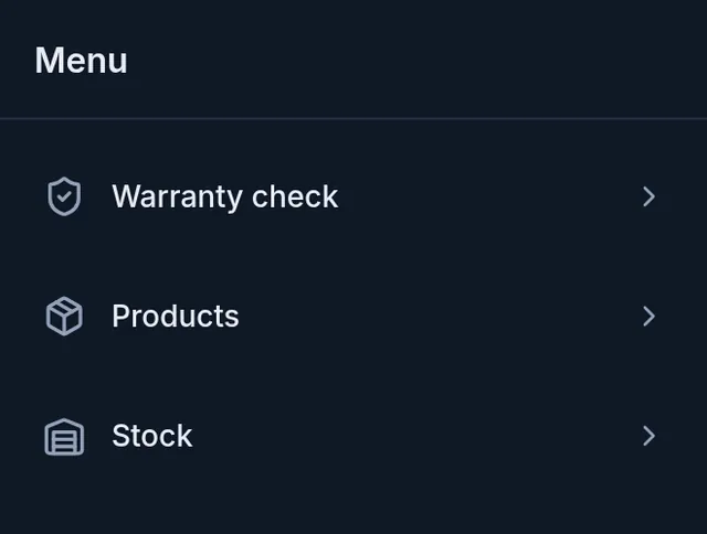 The phone menu with Warranty check at the top