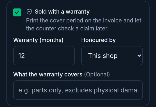 The product's Selling step: Sold with a warranty on, 12 months, honoured by This shop, and the What the warranty covers box