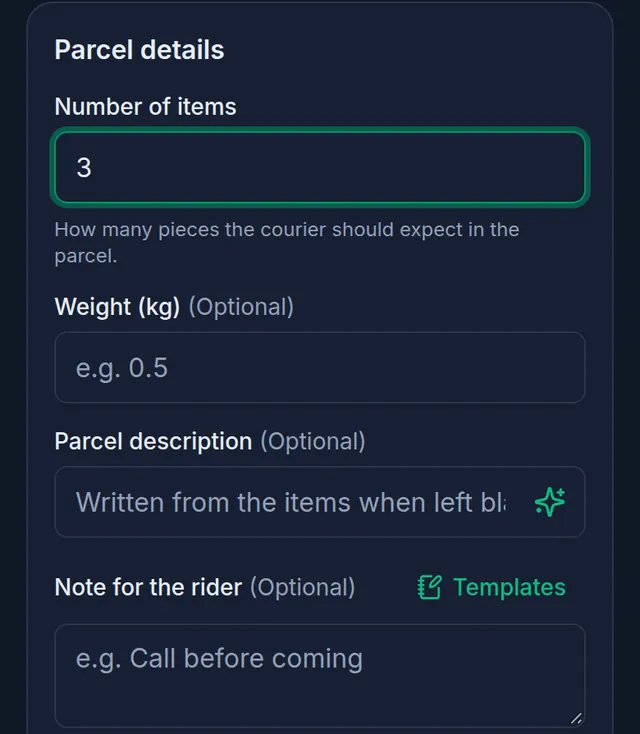 Parcel details on a phone: 3 in Number of items, the empty Parcel description box with the sparkle Write with AI button at its right end, and the Note for the rider below