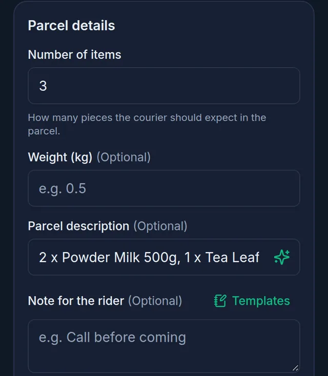 The same box after Write with AI: Parcel description now starts with 2 x Powder Milk 500g, 1 x Tea Leaf